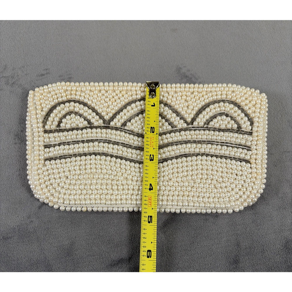 1960's Ivory & Grey Beaded Pearl Clutch Evening Hand Bag Purse Japan Vintage - Picture 4 of 13